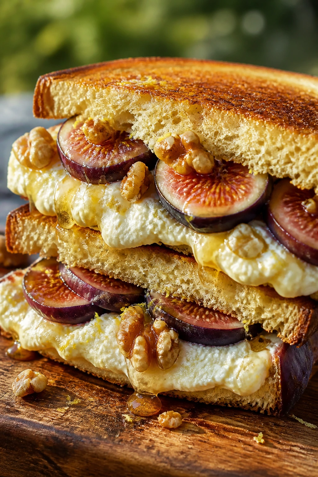 Close-up of ricotta fig honey sandwich on brioche on a wooden picnic board