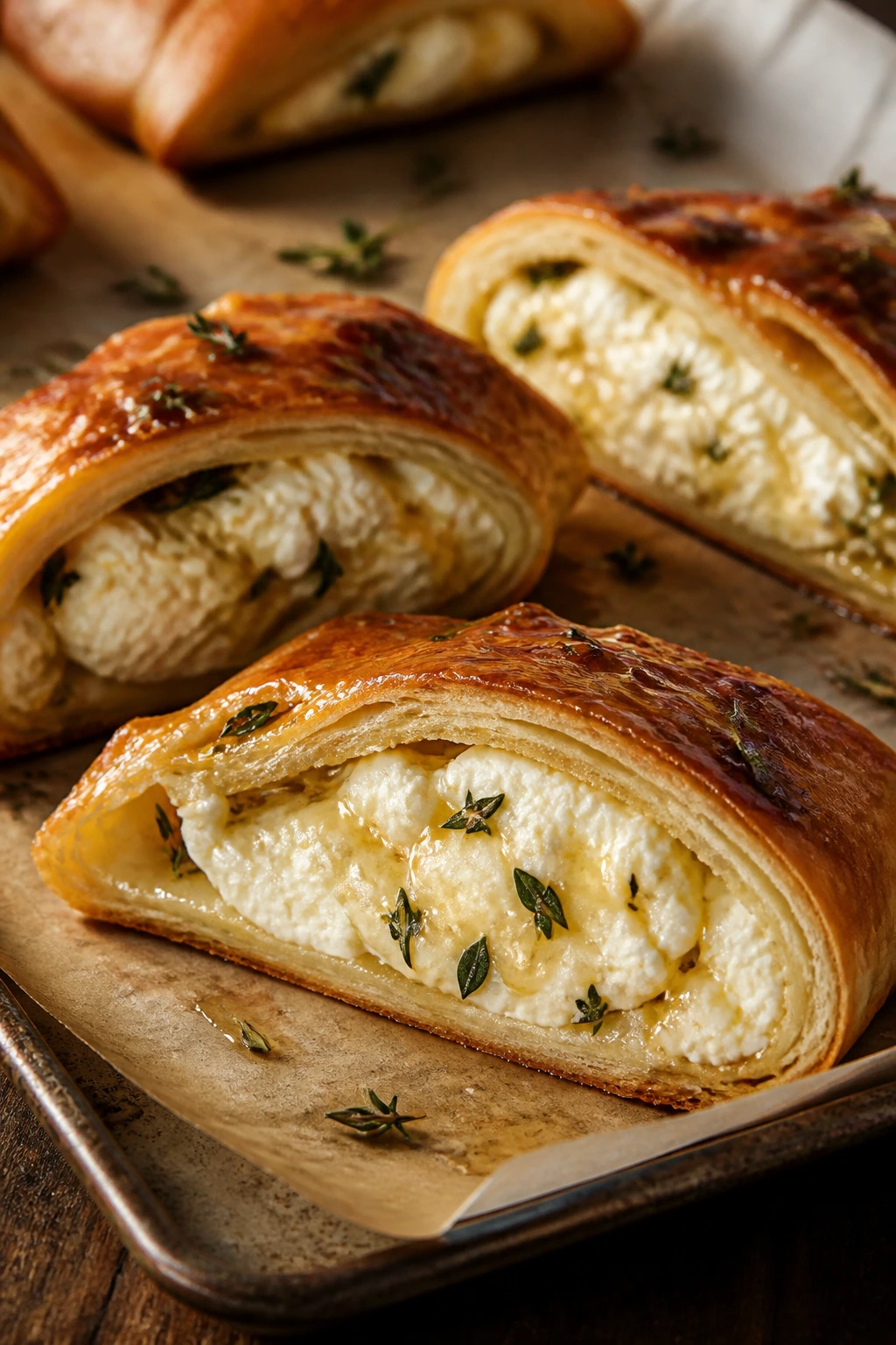 Close-up of ricotta honey thyme rolls with creamy filling on parchment