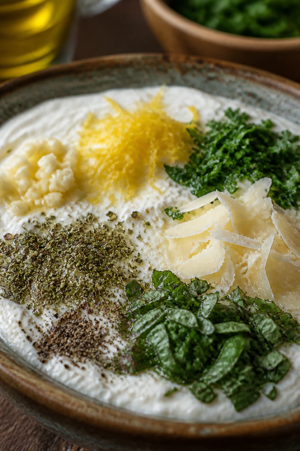 Dip with visible zest, garlic, parsley, and Parmesan