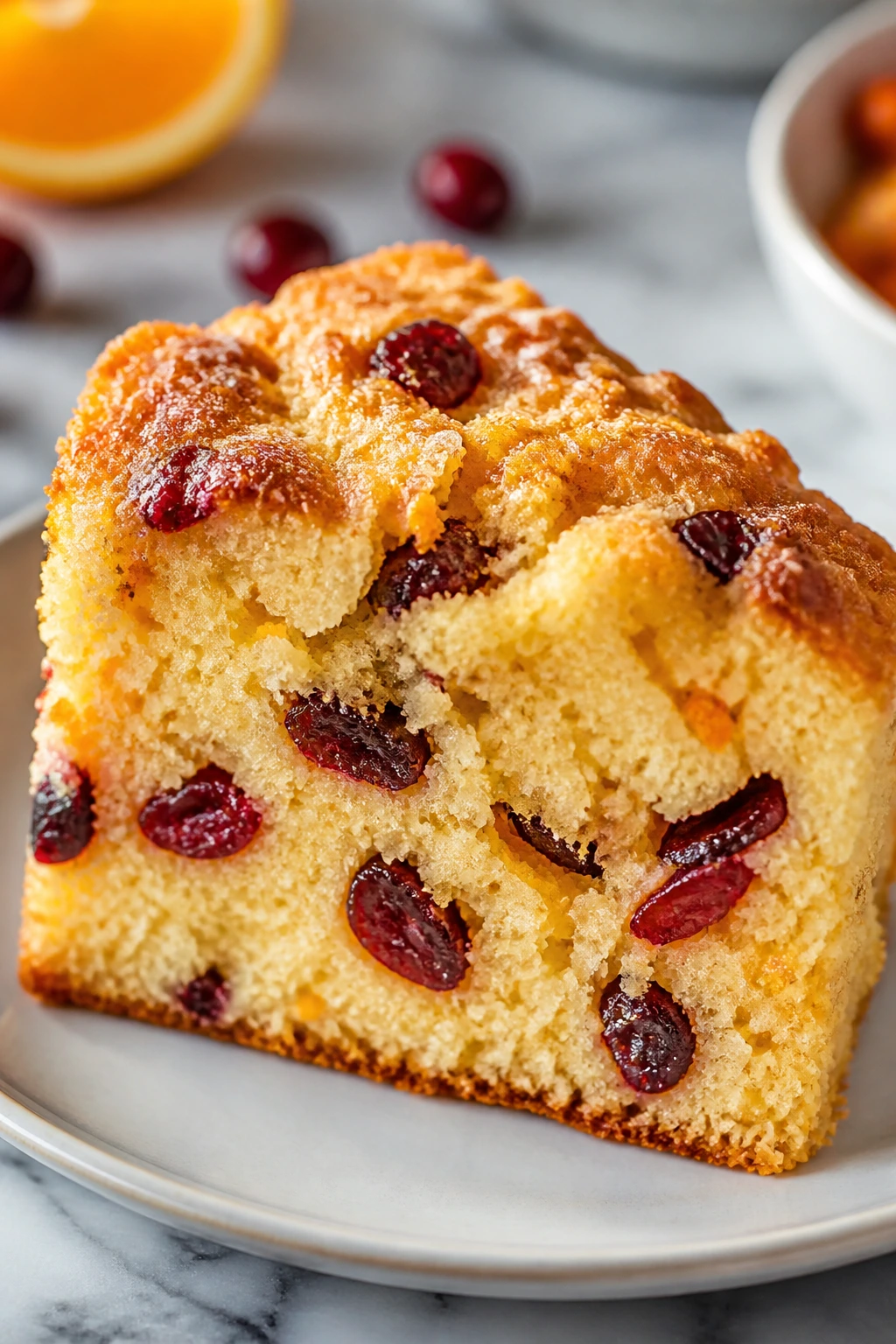 Slice of ricotta orange cranberry cake with orange zest and cranberries on a plate