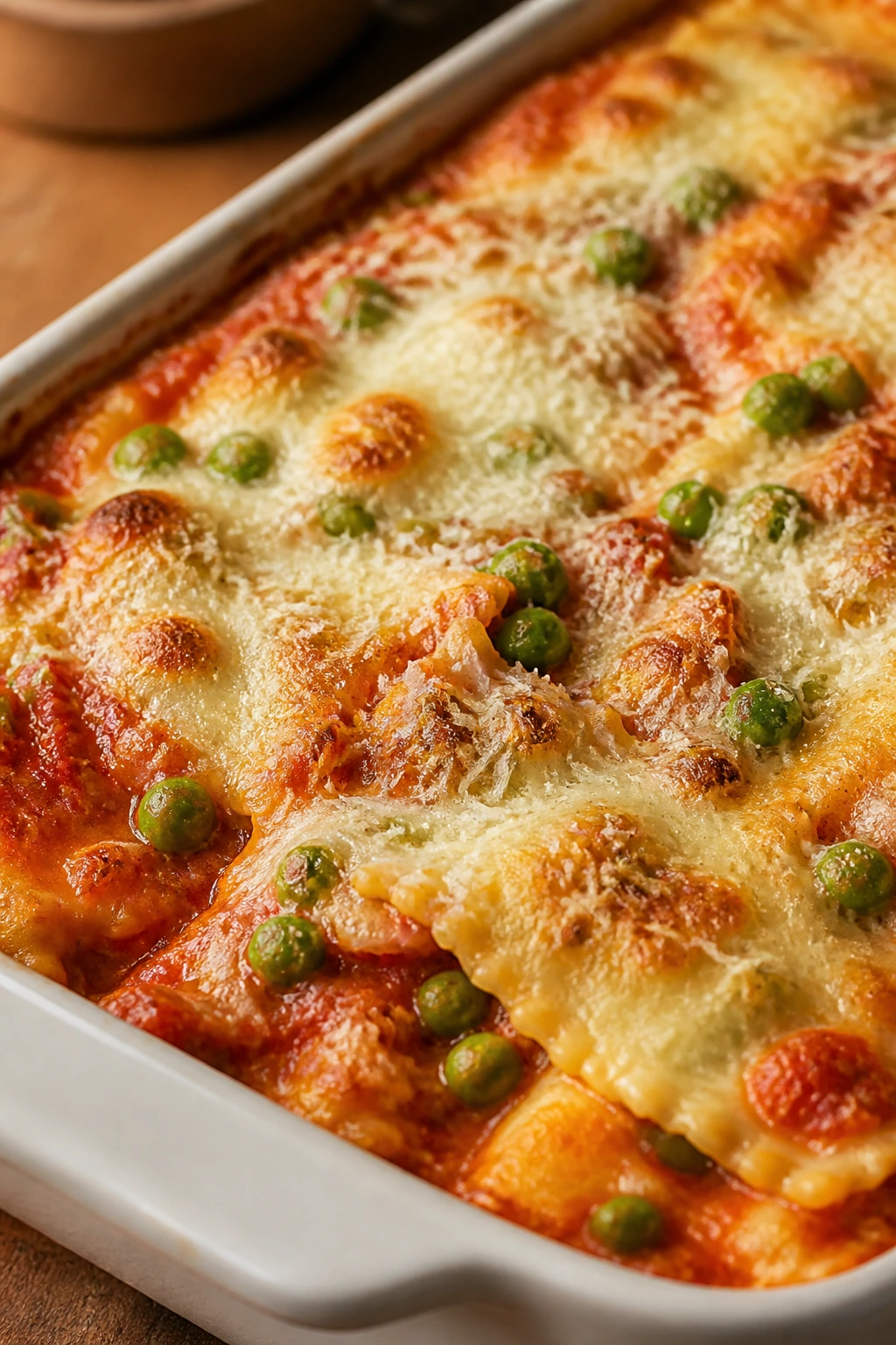 Close-up of ricotta pea ravioli bake with melted cheese and peas.