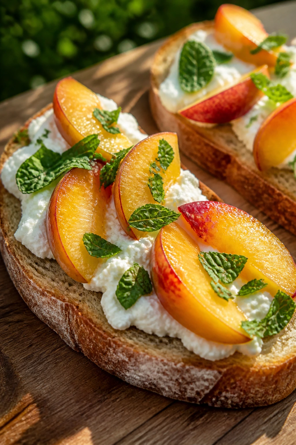 Open-faced ricotta peach mint sandwich on country bread outdoors