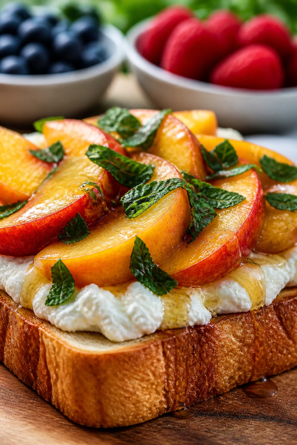 Close-up of ricotta, peach, and mint sandwich on brioche