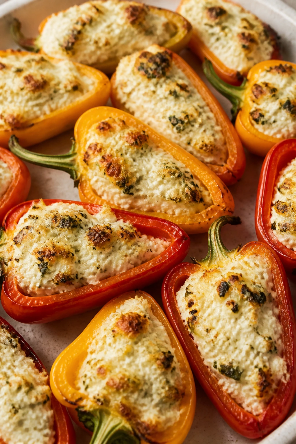 Halved mini peppers stuffed with ricotta filling