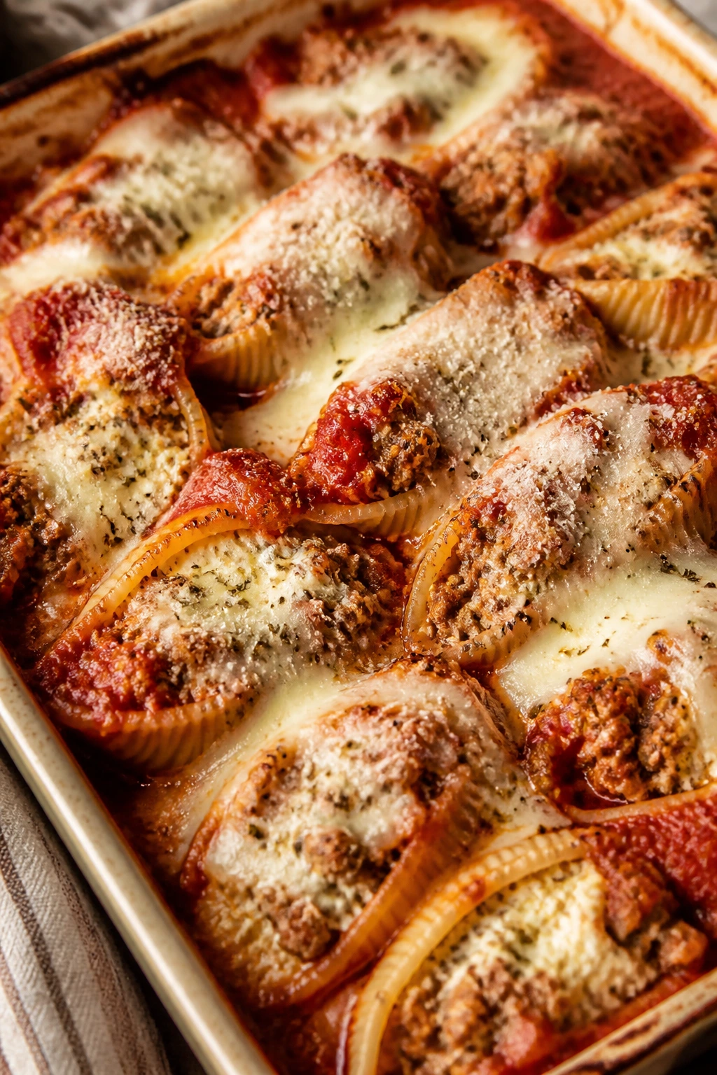 Baking dish filled with ricotta stuffed shells in marinara sauce