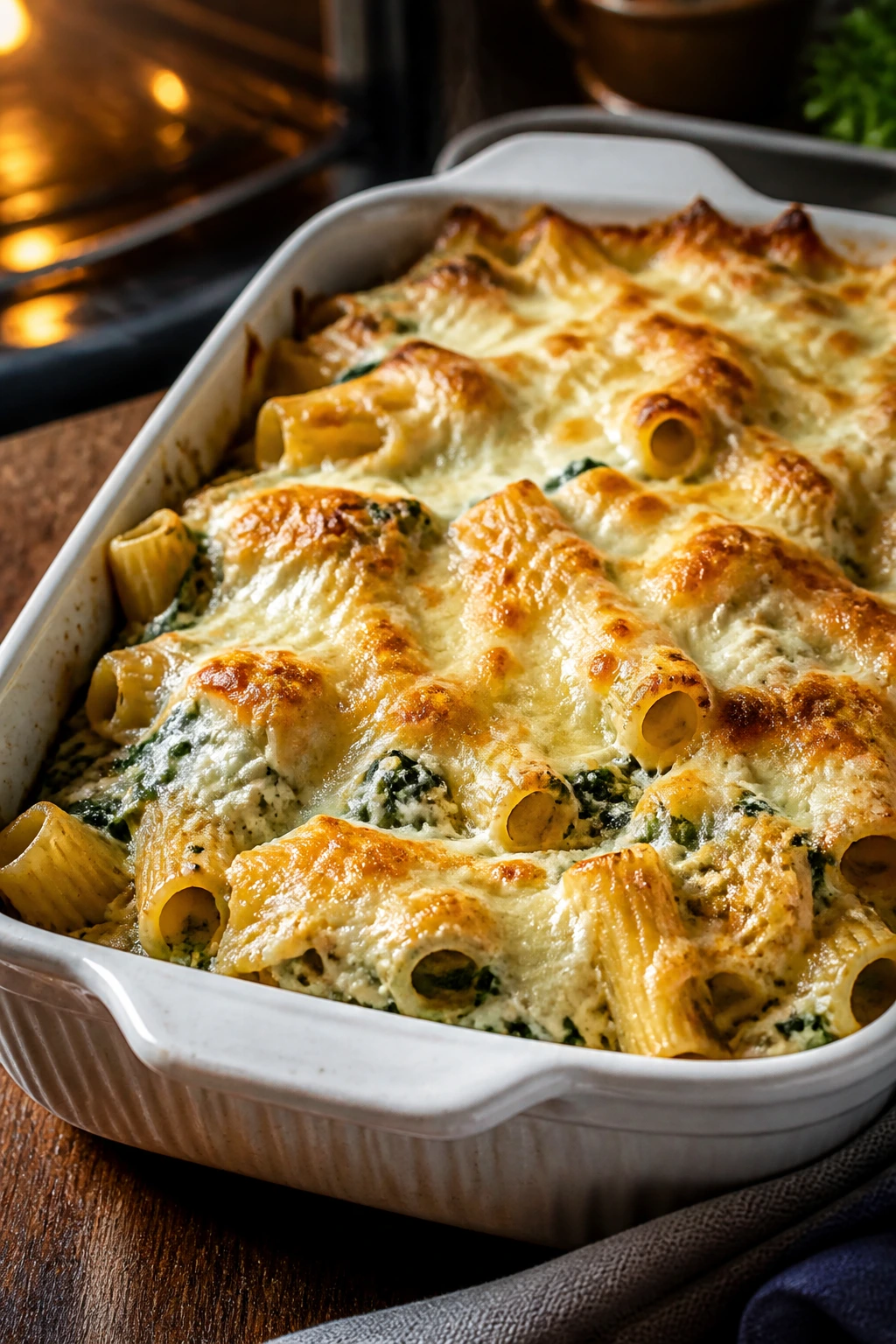 Bubbling ricotta spinach pasta bake with a golden browned top in a baking dish.