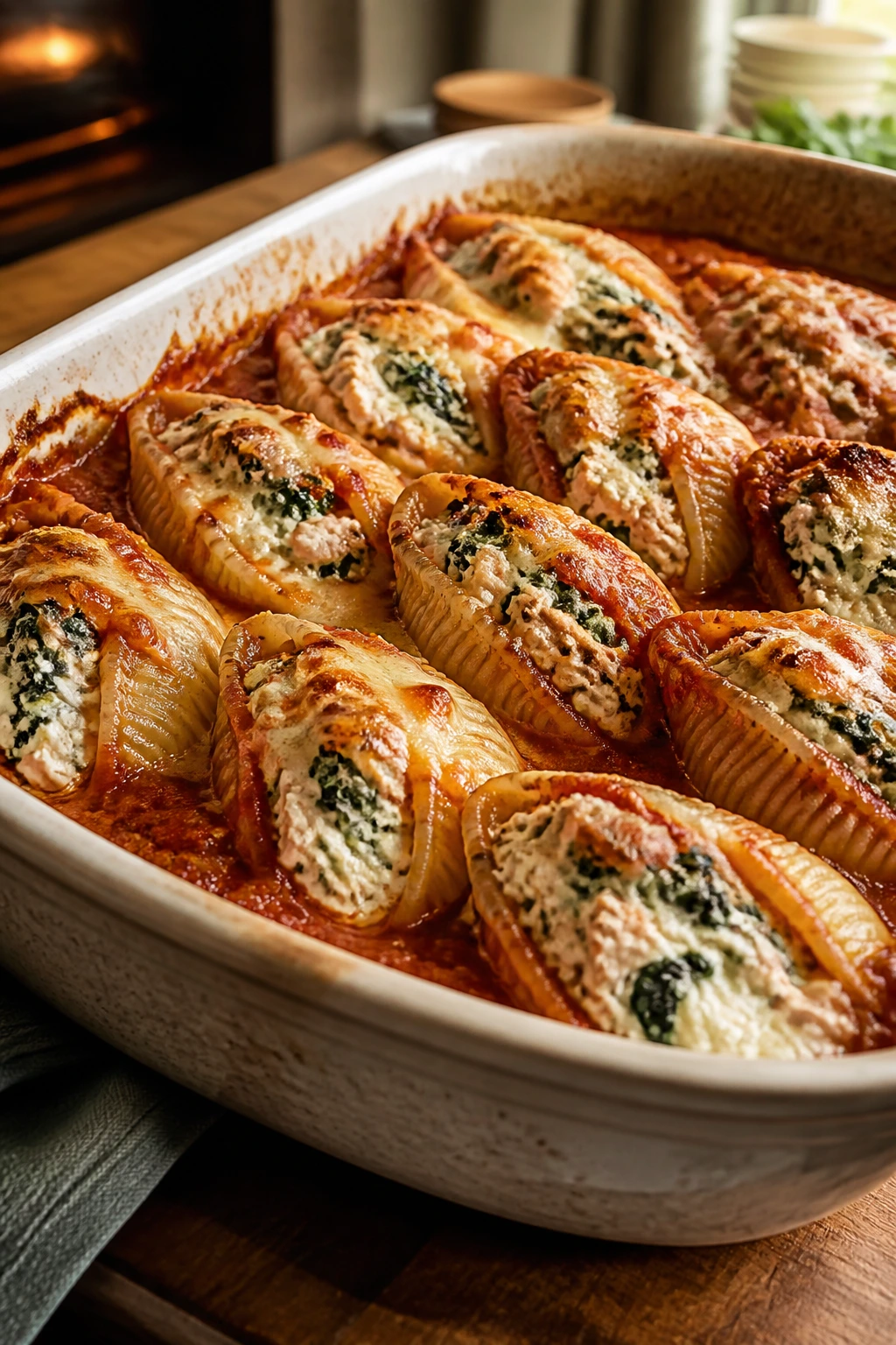 Close-up of ricotta spinach stuffed shells in a baking dish