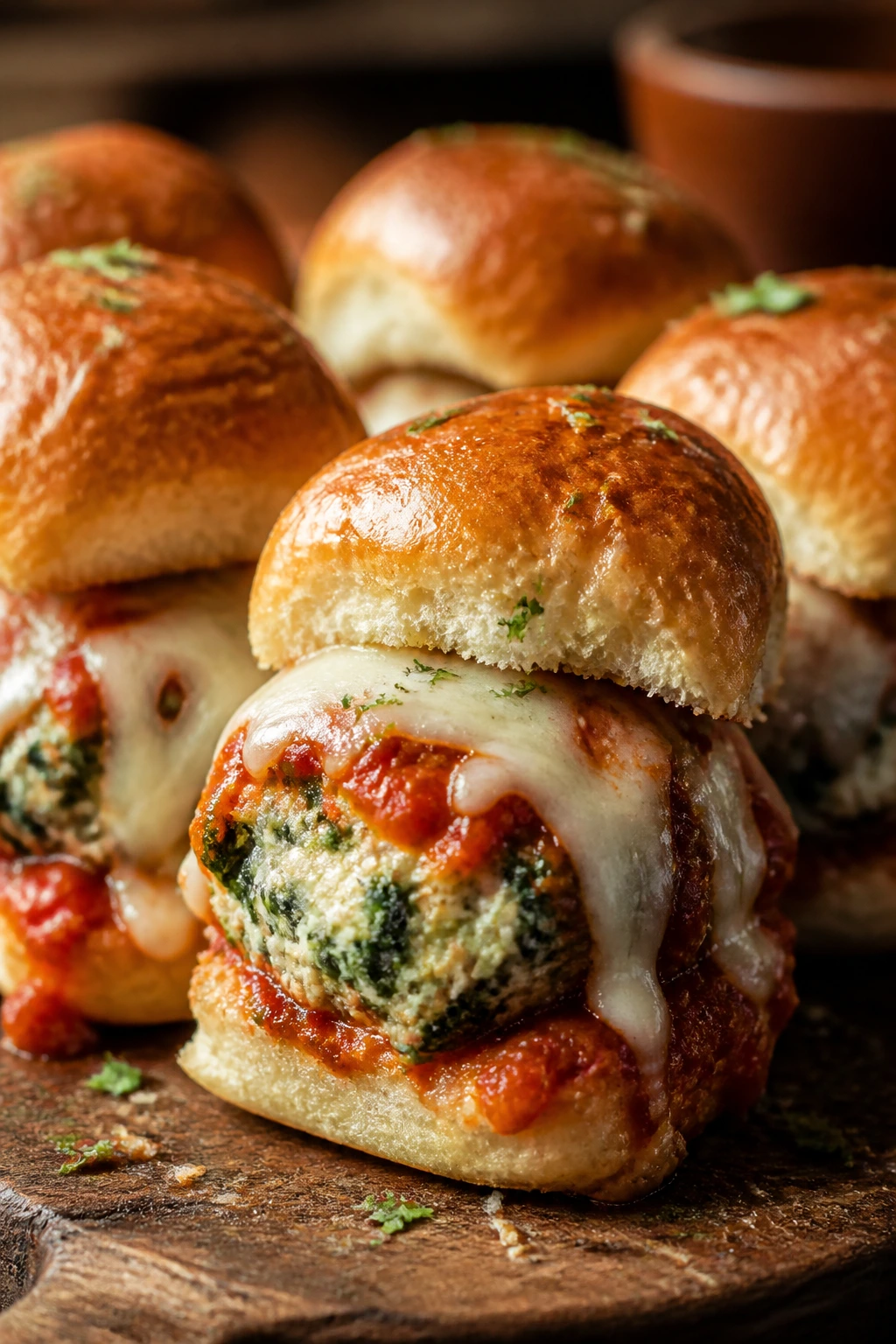 Close-up of ricotta-spinach meatball sliders with melted mozzarella on a wooden board