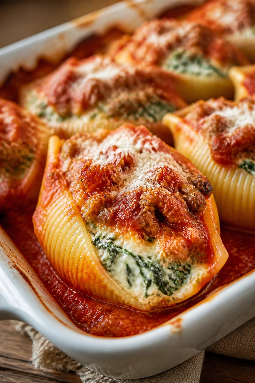 Close-up stuffed shell with ricotta spinach and marinara
