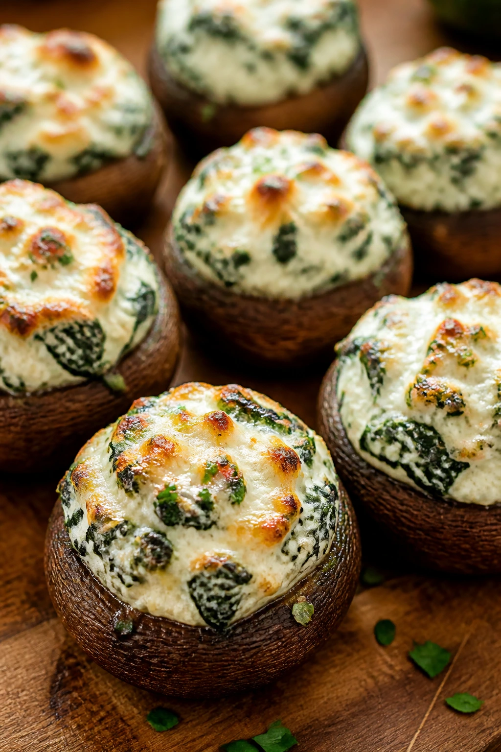 Ricotta stuffed cremini mushrooms on wooden board