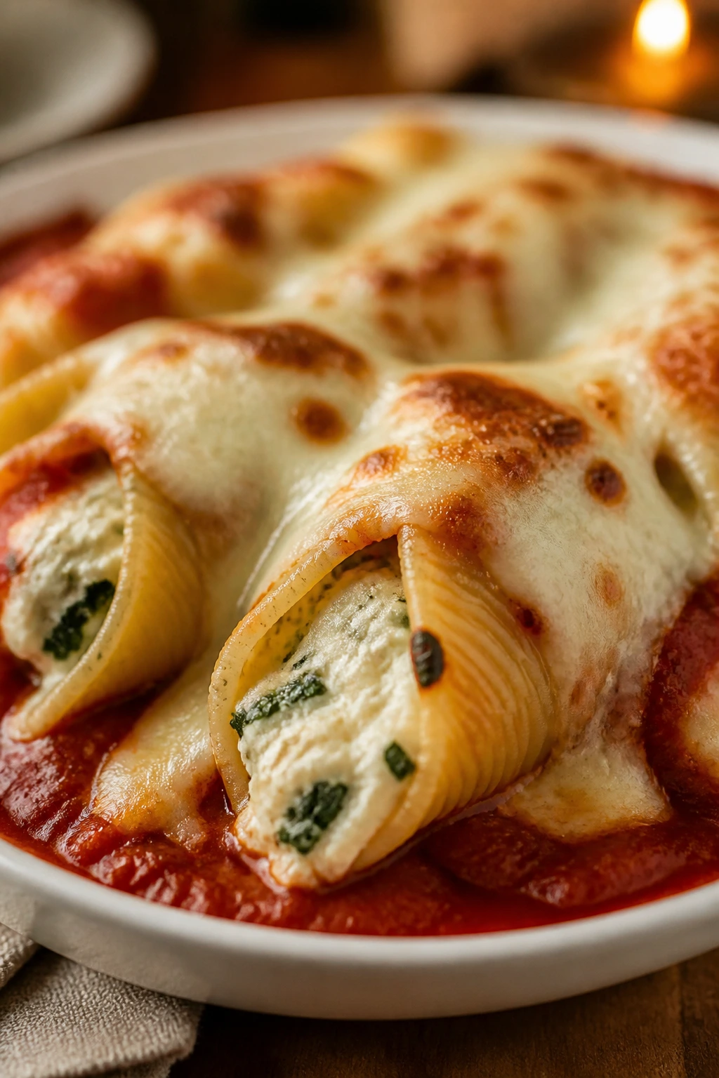 Ricotta stuffed shells on plate in cozy dining room