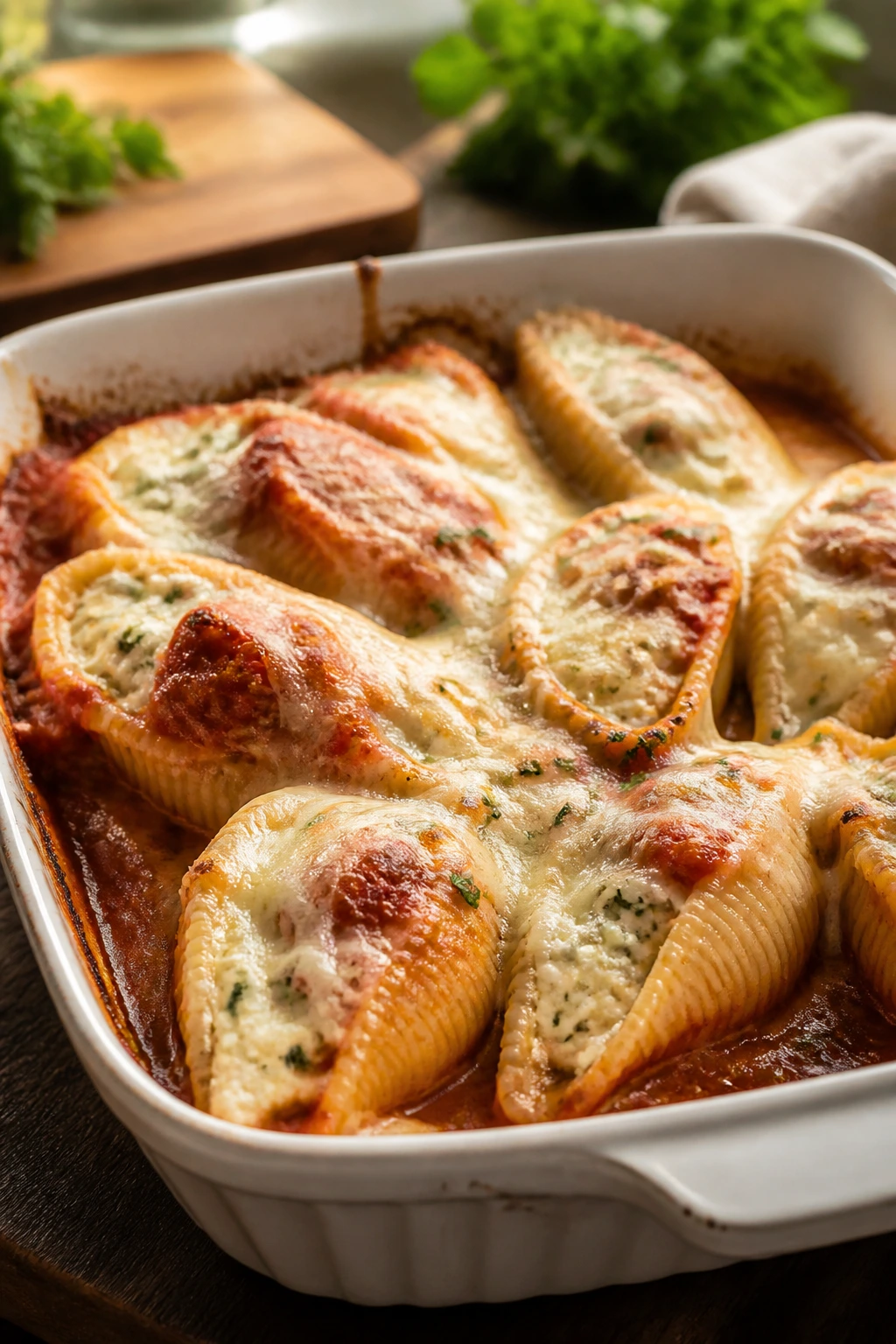 Close-up of ricotta-stuffed shells in tomato sauce with melted cheese