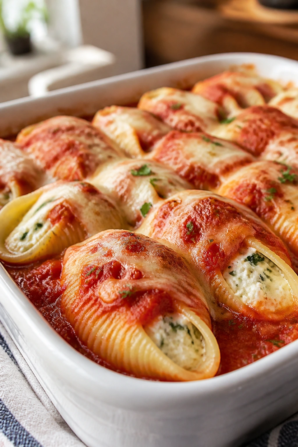 Close-up of ricotta stuffed shells in marinara sauce in a baking dish on a warm kitchen counter