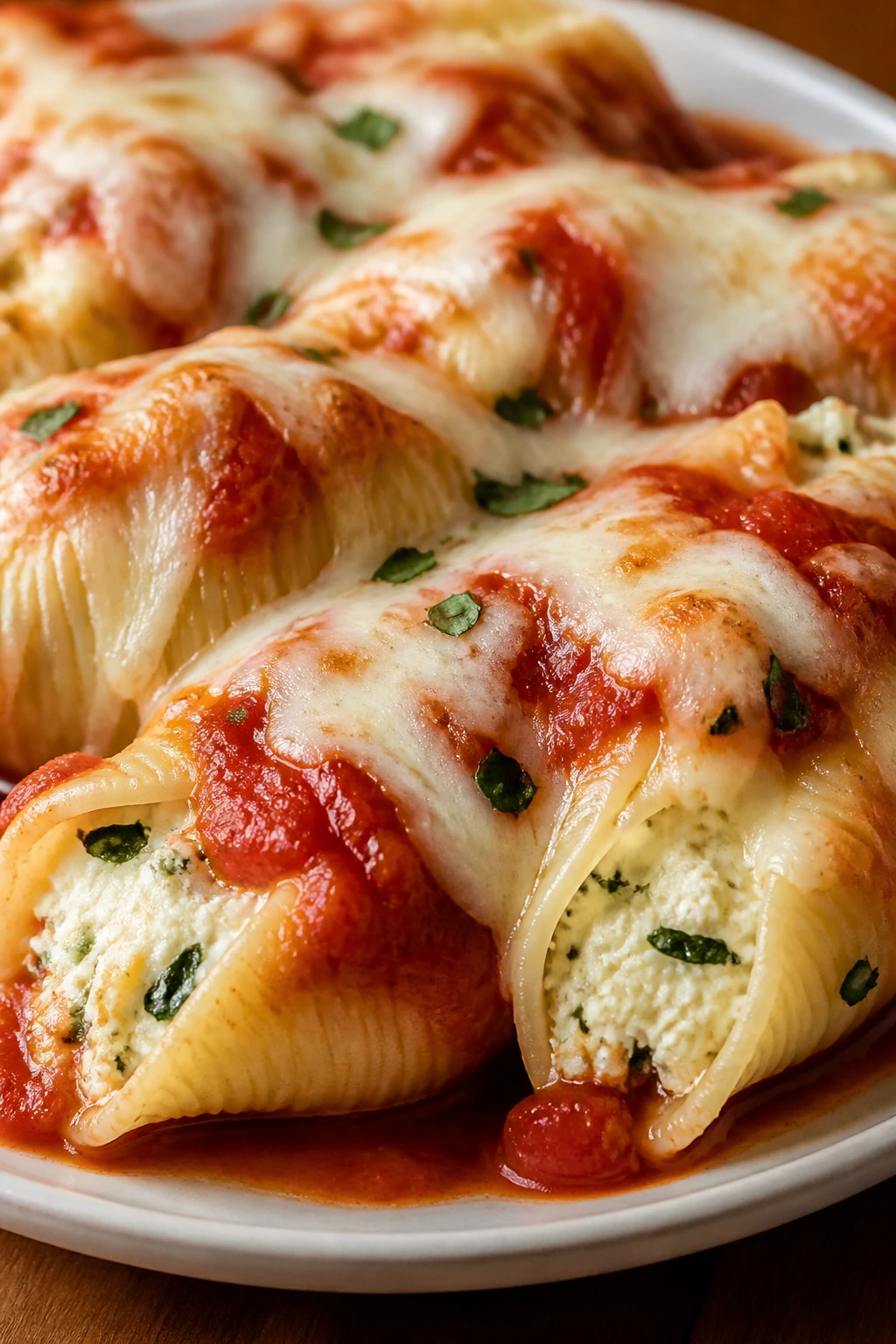 Creamy ricotta stuffed shells on a plate with marinara in a cozy kitchen