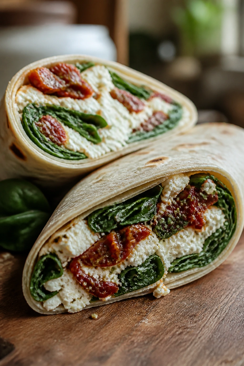 Close-up of a ricotta sun-dried tomato spinach wrap slice on a wooden board.