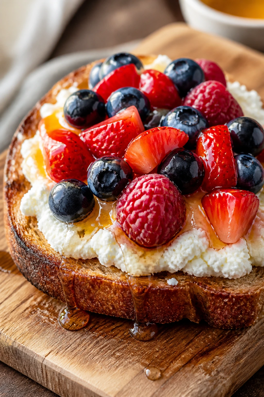 Close-up of ricotta berry toast on a wooden board with berries