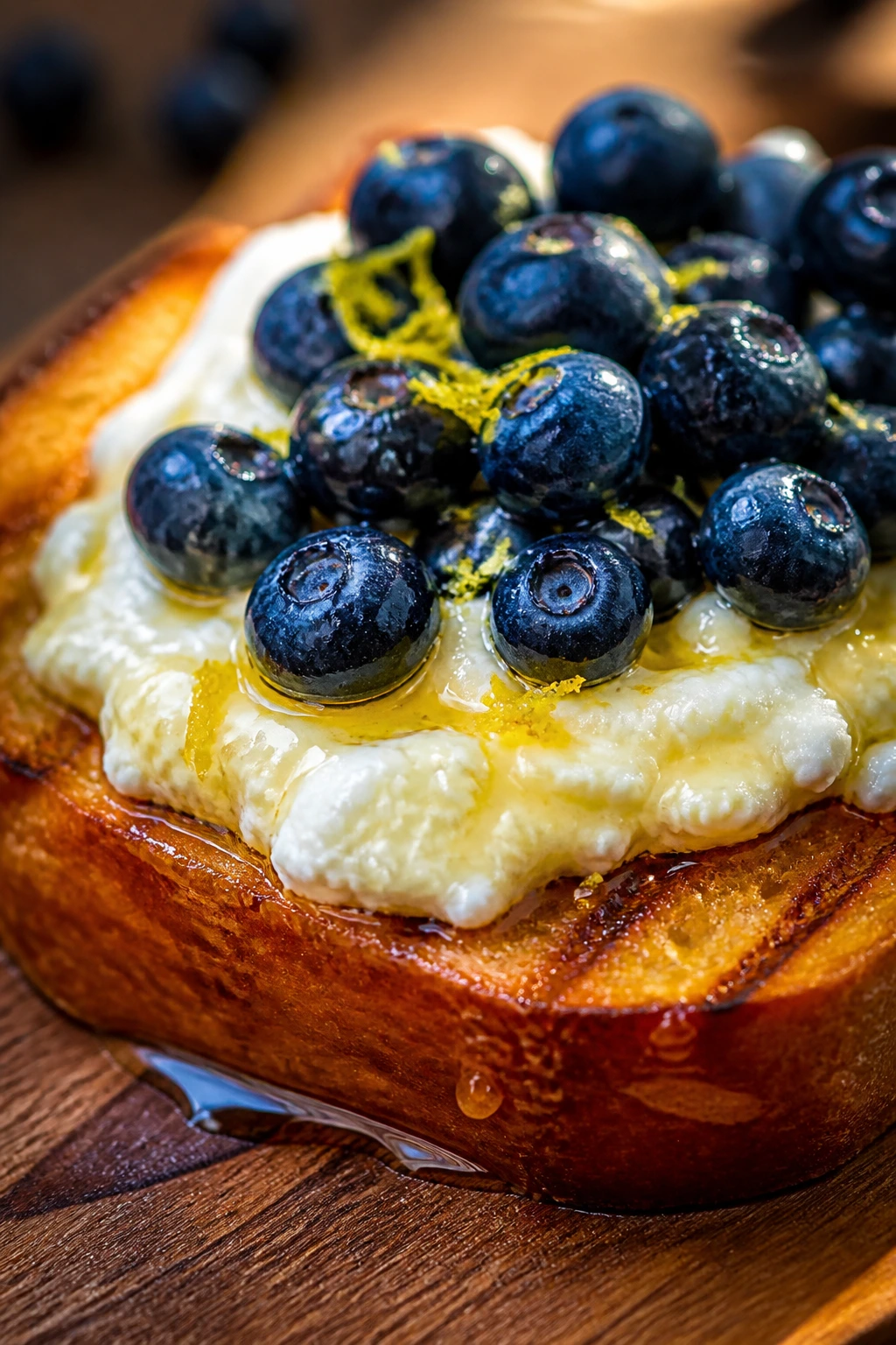 Grilled ricotta toast with blueberries on a toasted brioche slice