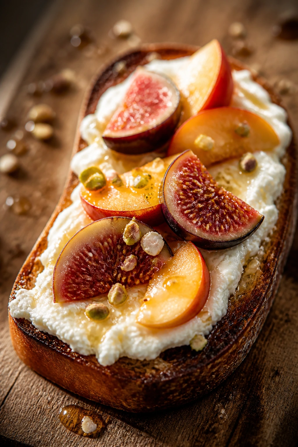 Close-up of ricotta toast with honey and fruit on wood.