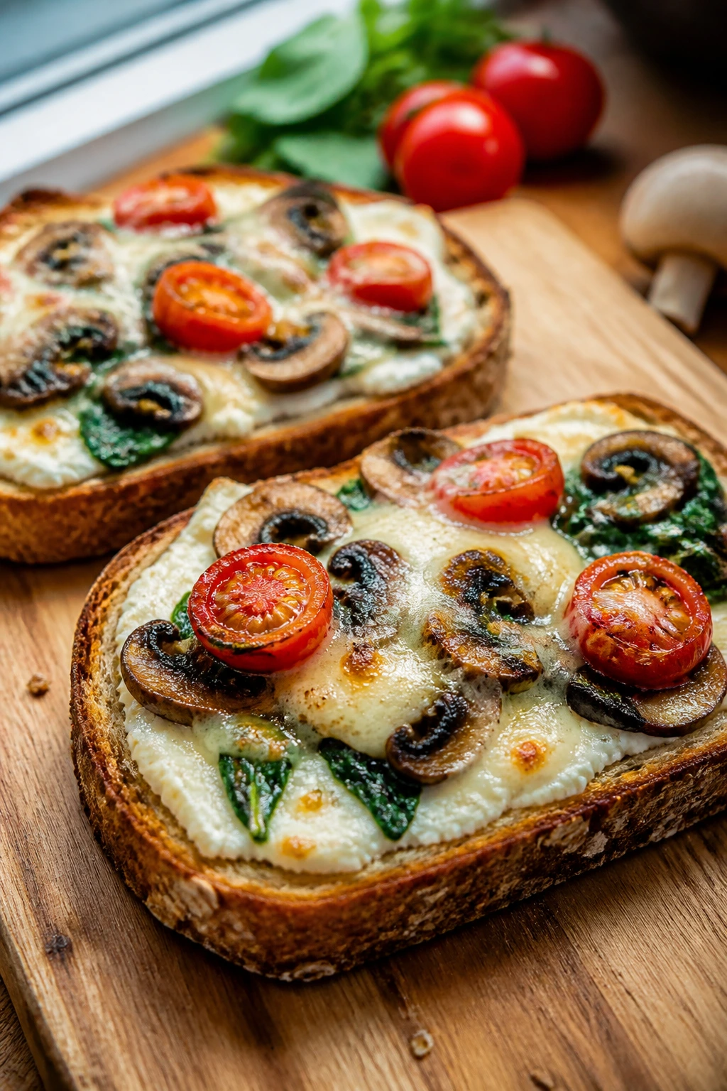 Close-up of ricotta veggie toast pizzas on a wooden board