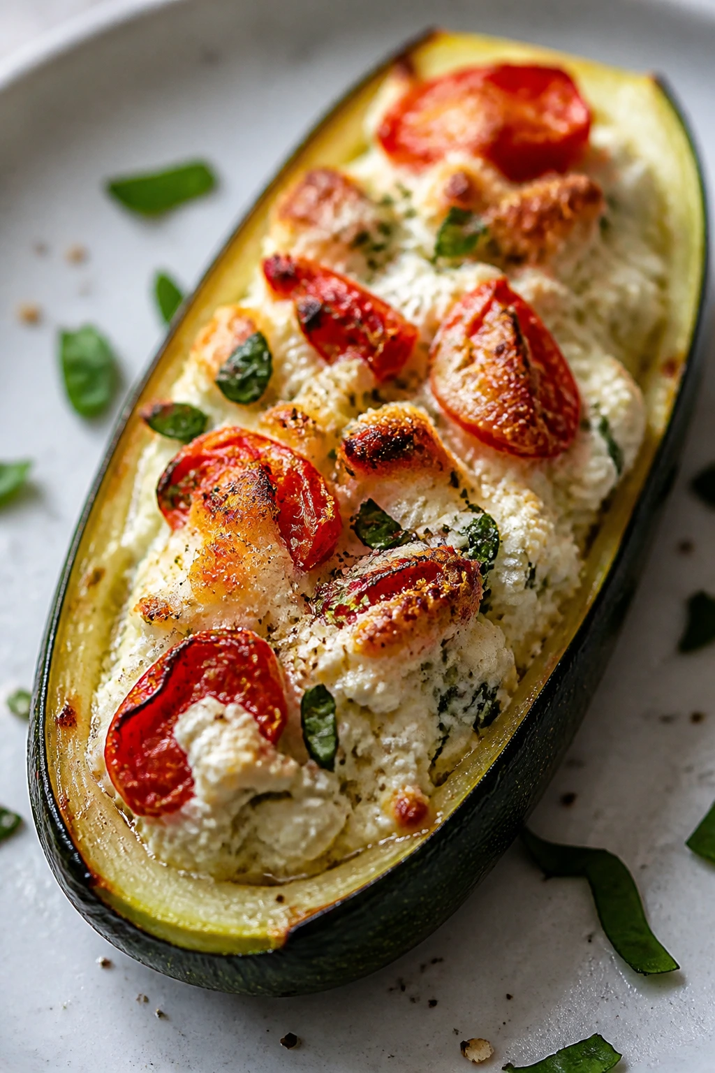Zucchini boat stuffed with ricotta filling