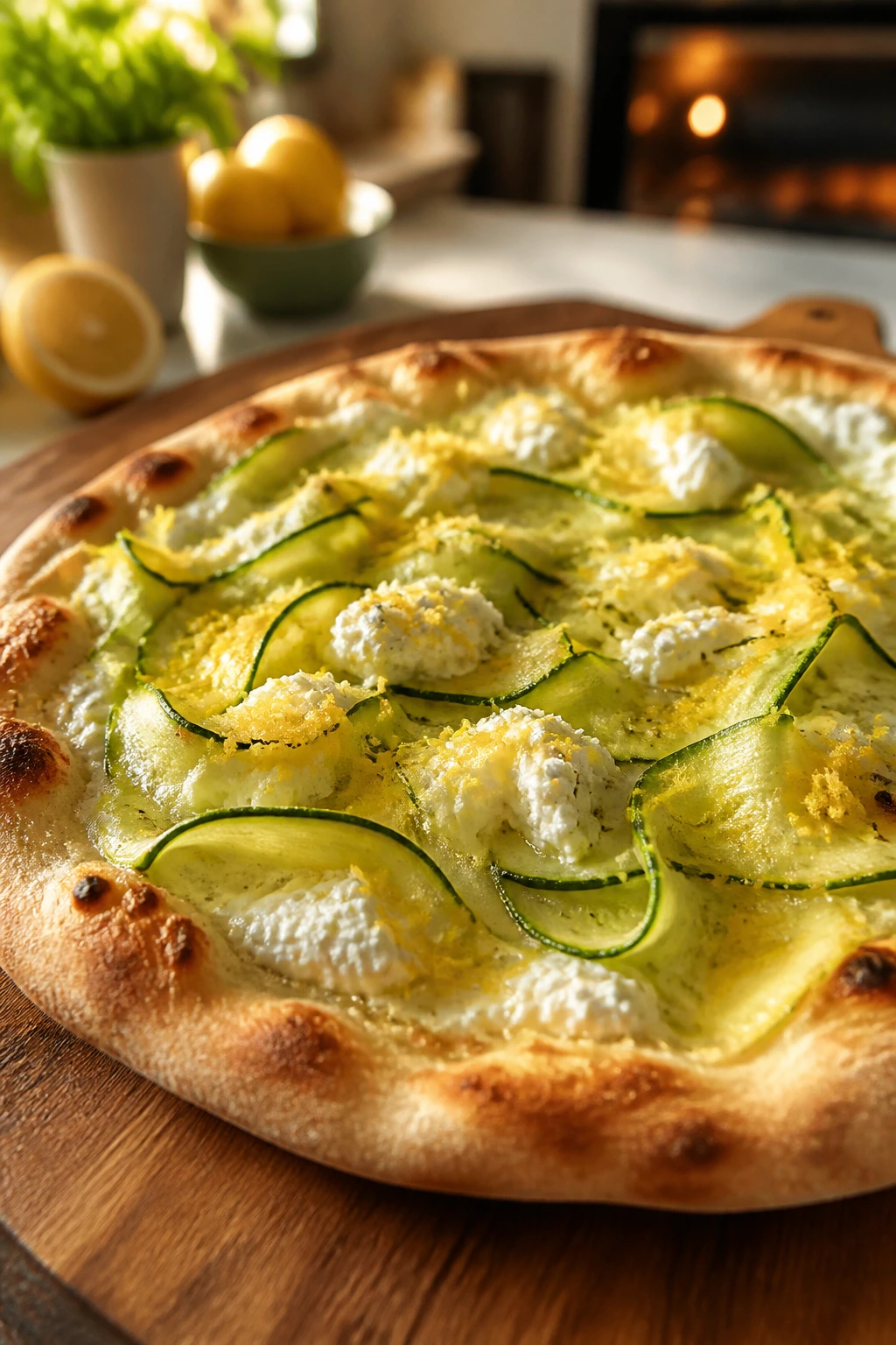 Close-up of ricotta-zucchini-lemon pizza on a wooden board in a cozy kitchen