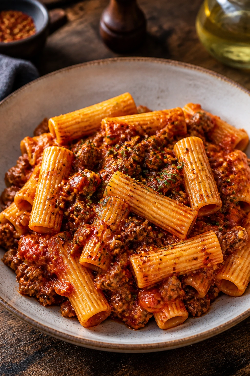 Plate of Spicy Sausage Rigatoni Ragu with sausage and rigatoni in red sauce.