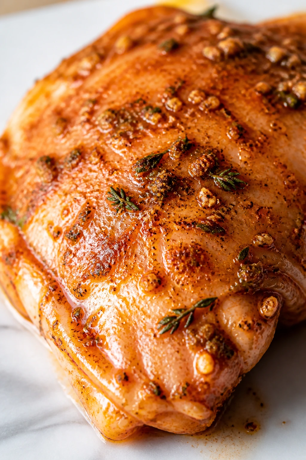 Close-up of a single marinated chicken thigh with glossy paprika-herb coating