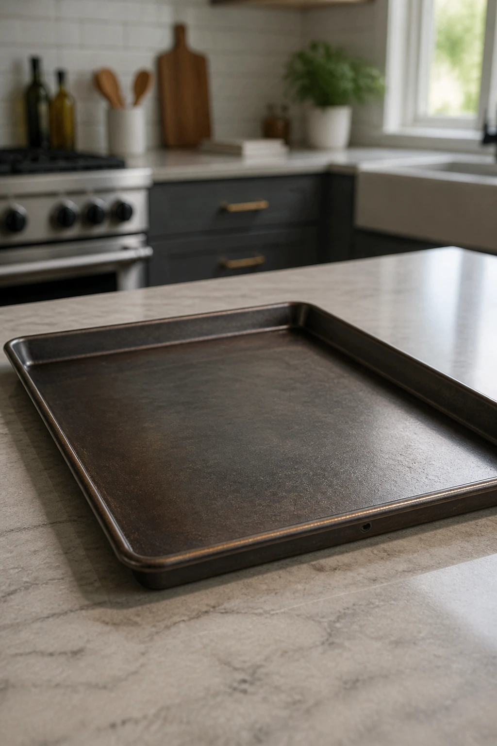 Close-up of a rimmed baking sheet on a kitchen counter