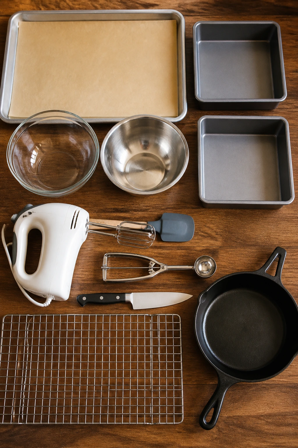 Top down view of essential baking tools on a wooden counter
