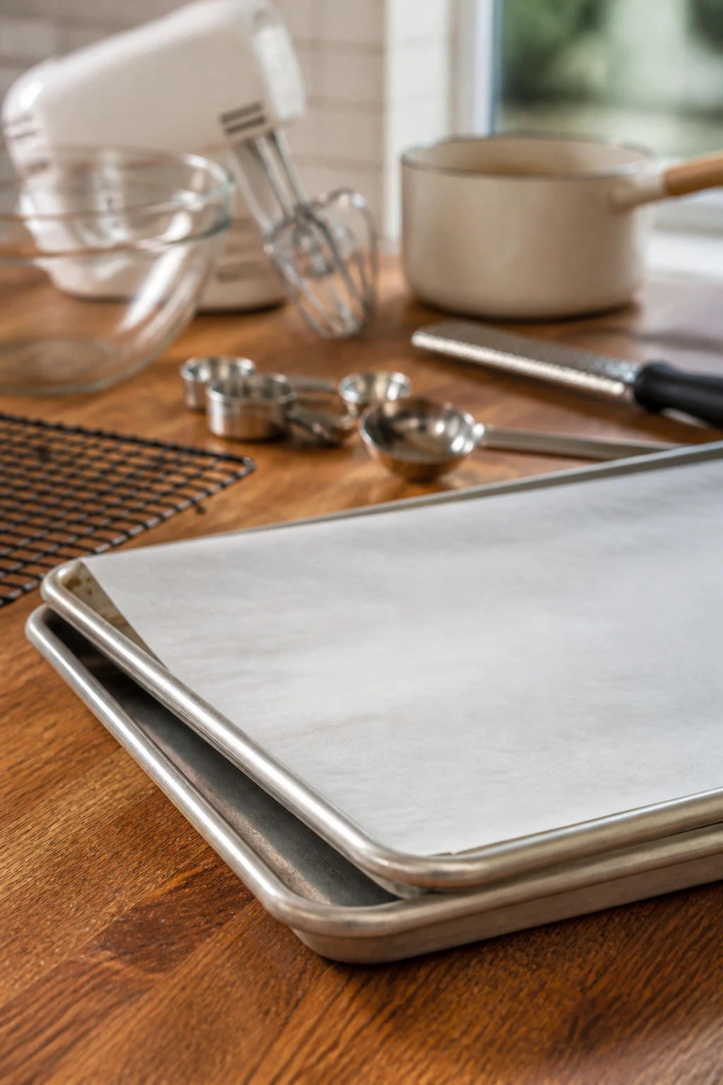 Close-up of two rimmed baking sheets with parchment on a wooden counter