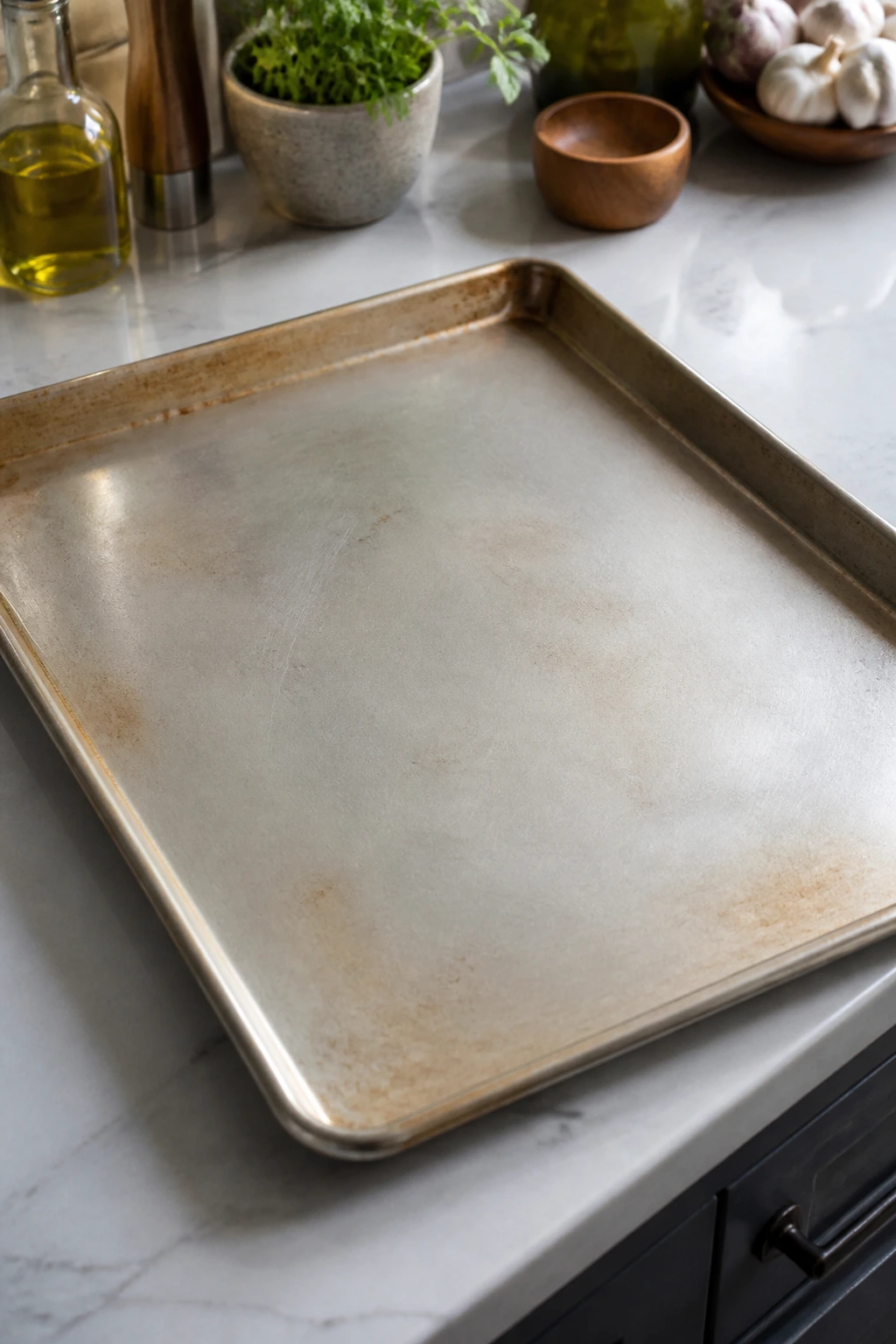 Close-up of a rimmed half-sheet pan on a kitchen counter