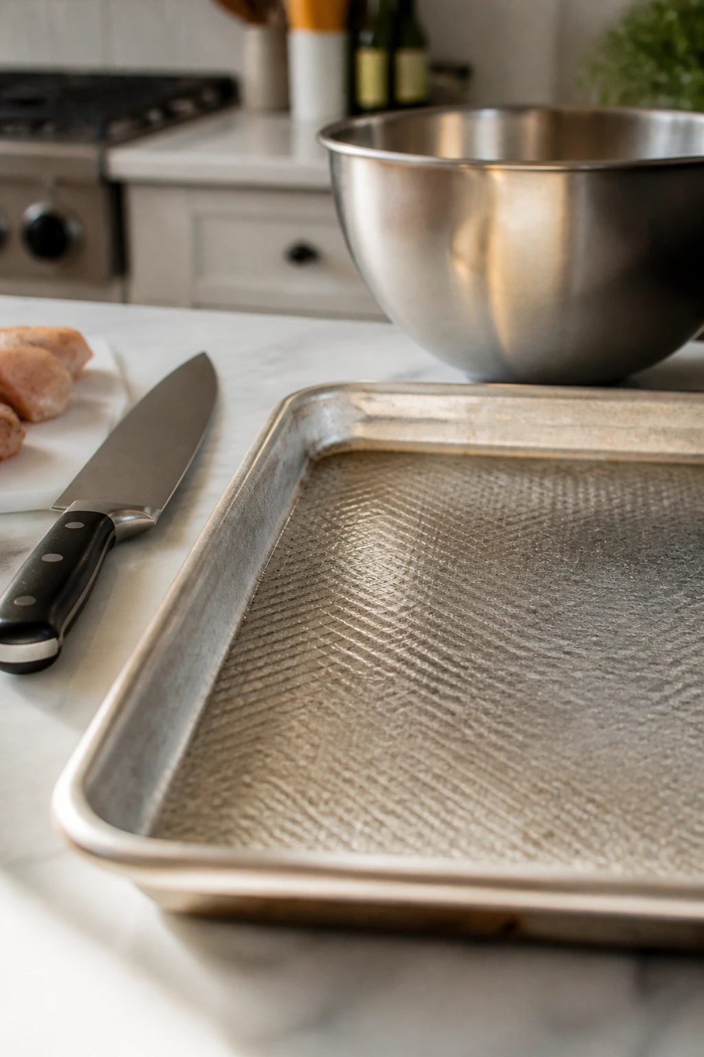 Close-up of a rimmed pan with a knife and mixing bowl on a kitchen counter