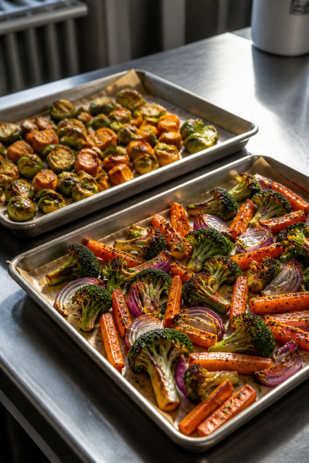 Two rimmed half-sheet pans with crisp roasted vegetables on parchment in a bright kitchen