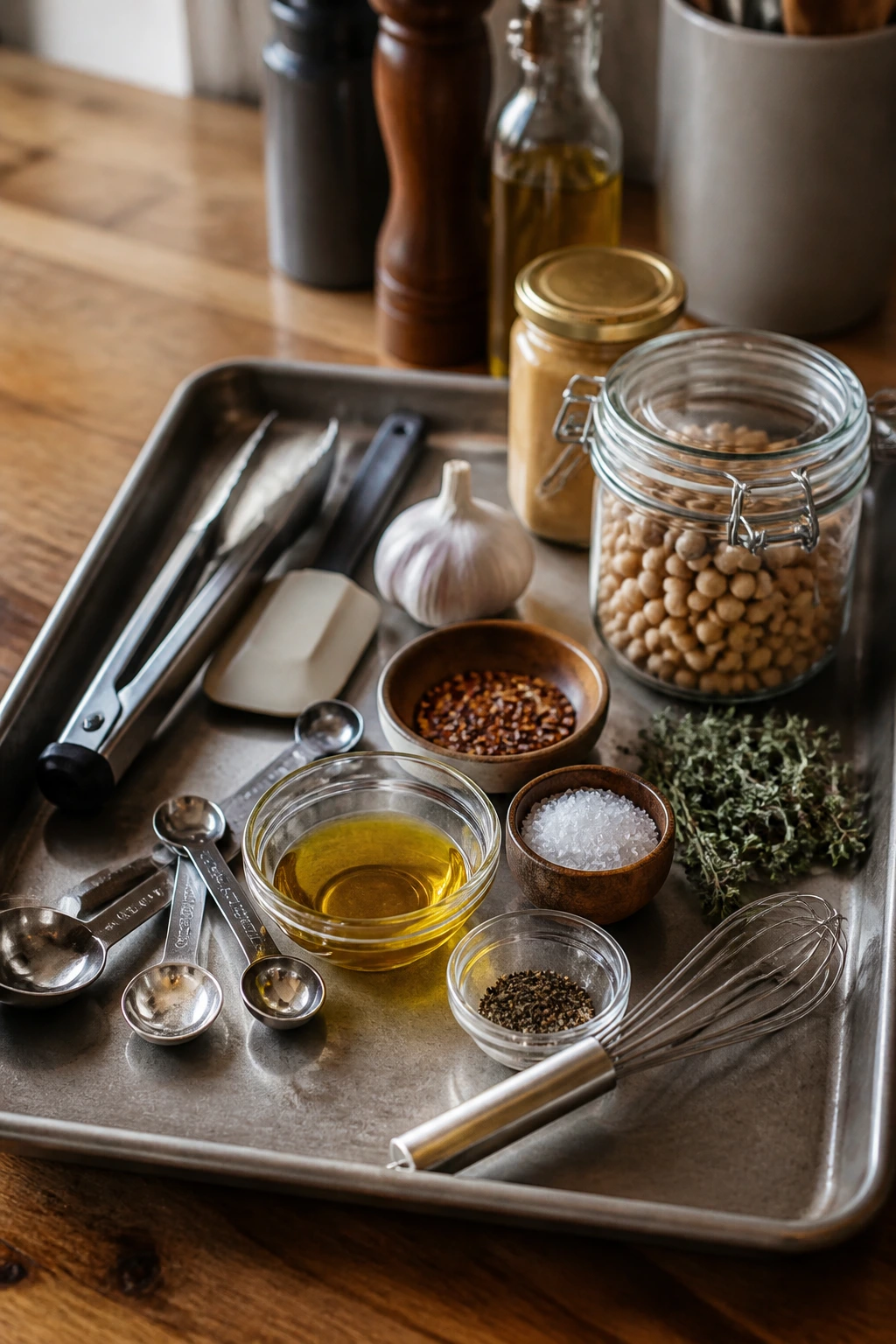 Rimmed sheet pan on a wooden counter