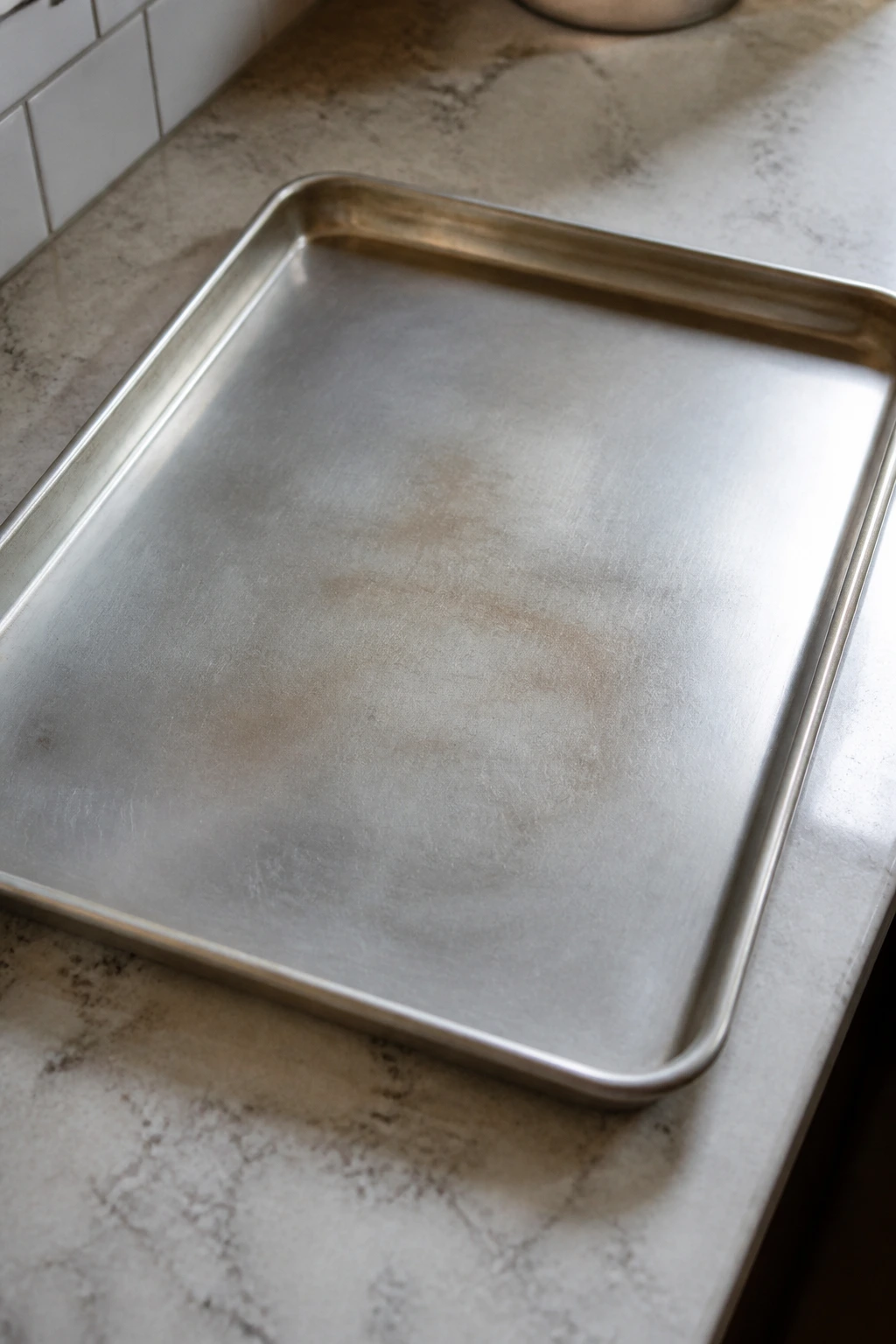 Close-up of a rimmed sheet pan on a kitchen counter