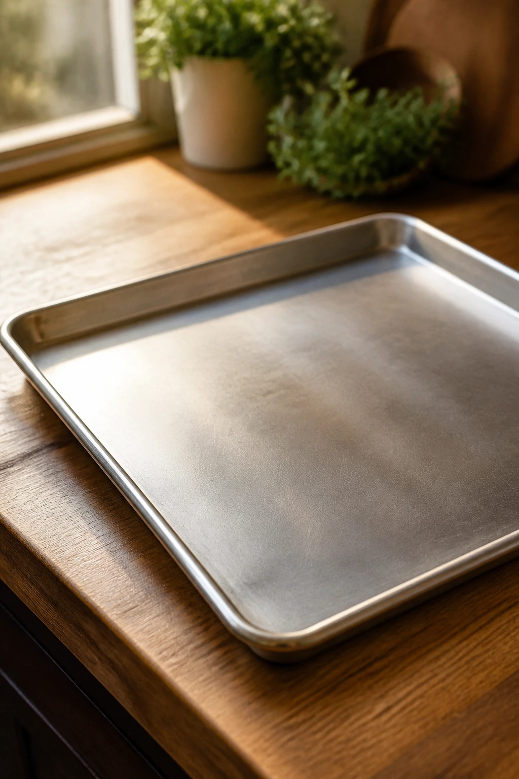 Close-up of a rimmed sheet pan in a warm kitchen.