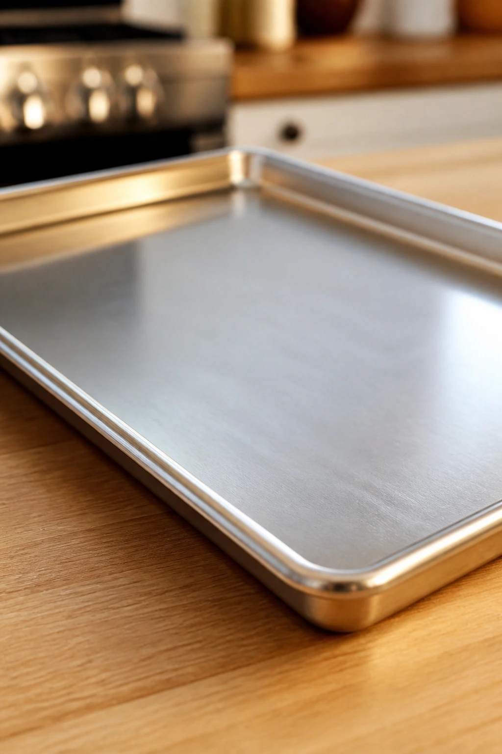 Close-up of a rimmed sheet pan in a warm kitchen