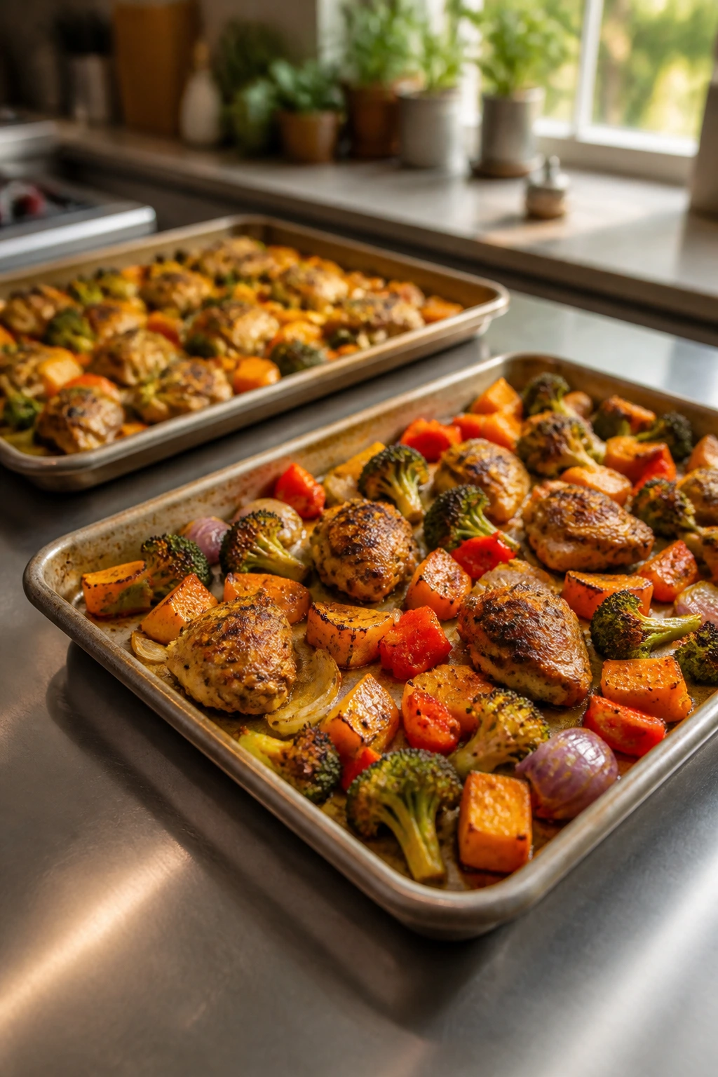 Close-up of two rimmed sheet pans with crisp roasted chicken and vegetables.