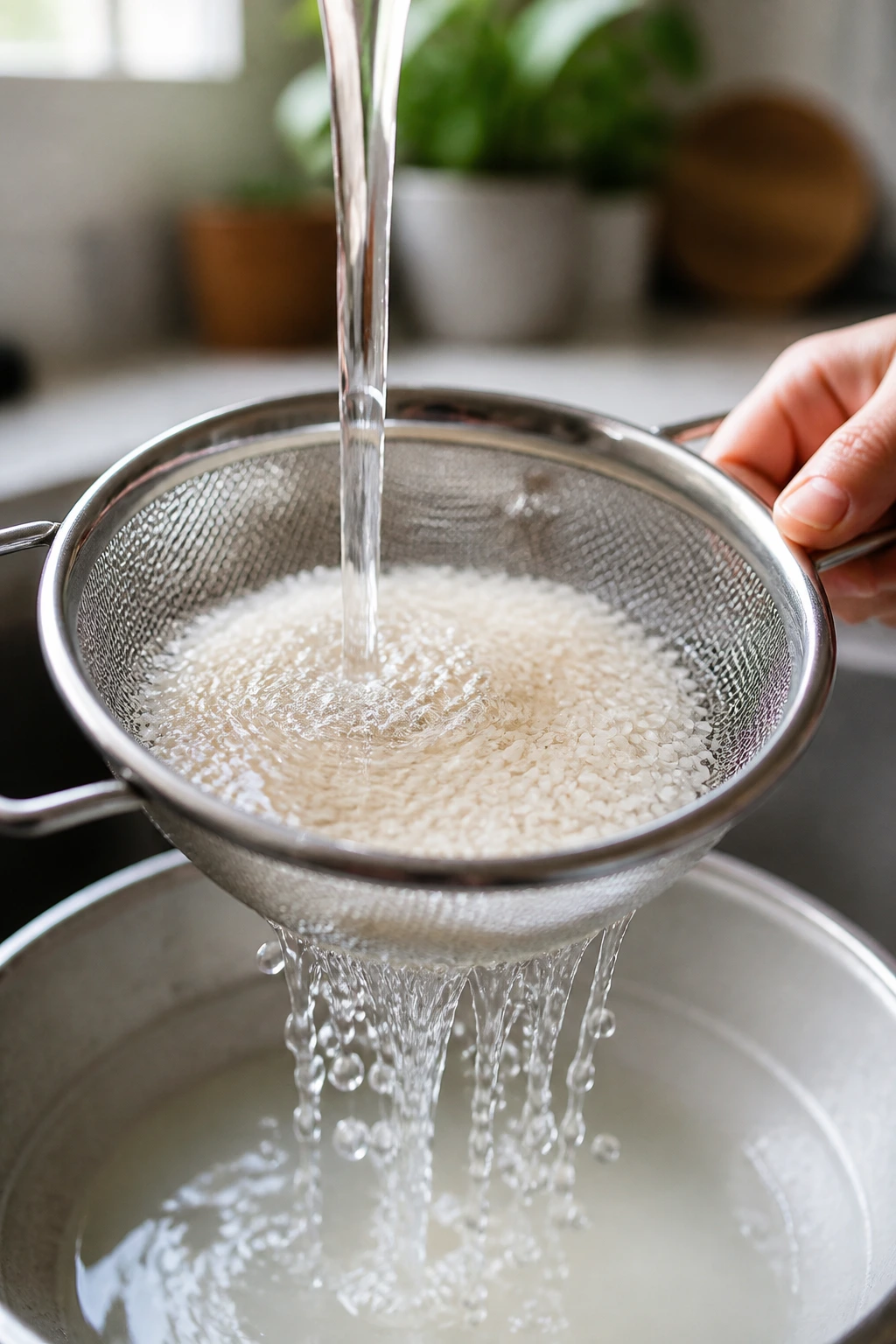 Rinsing rice in a sieve for fluffy grains