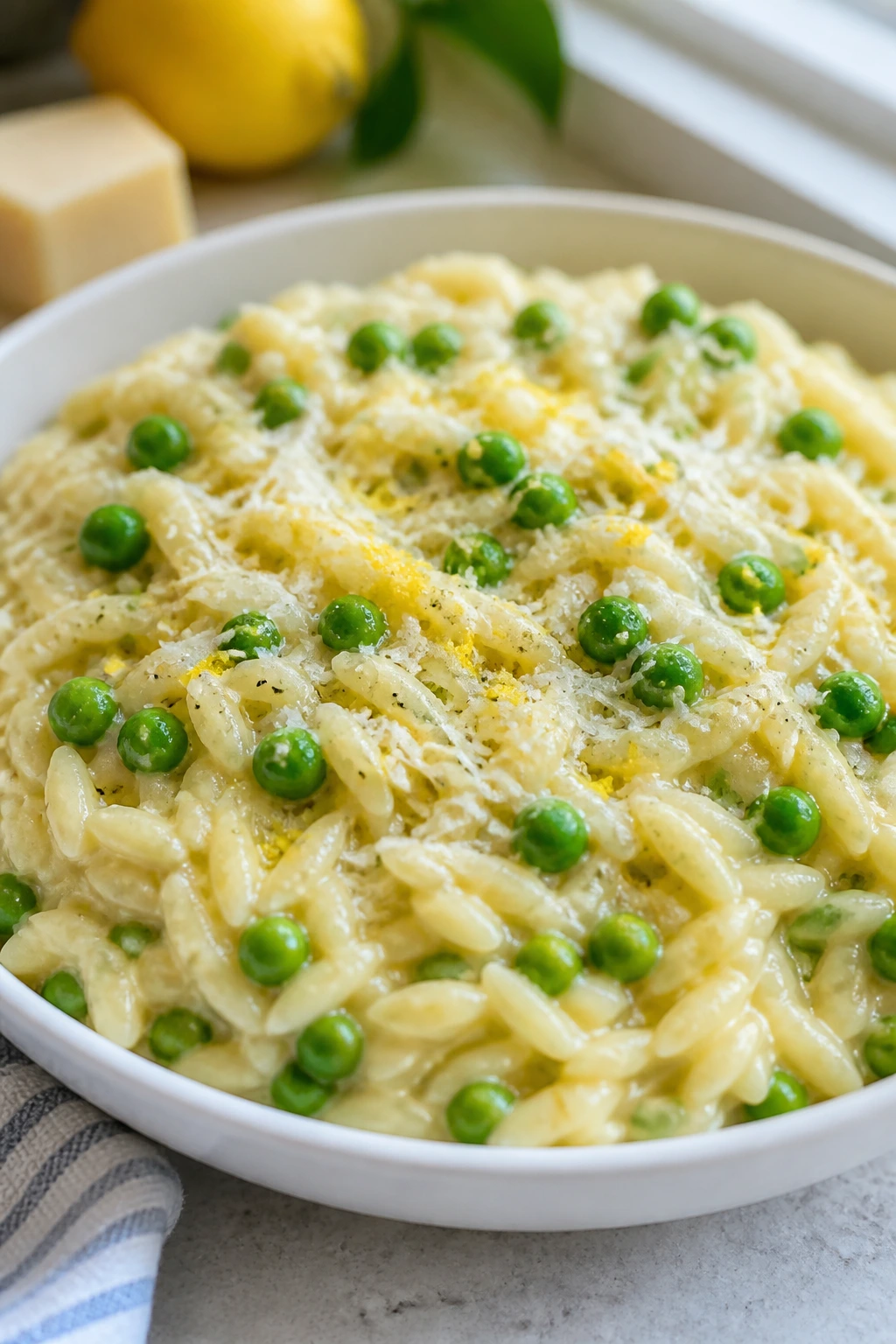 Bright Lemon Parmesan Risoni with Peas in a plate with peas and lemon zest