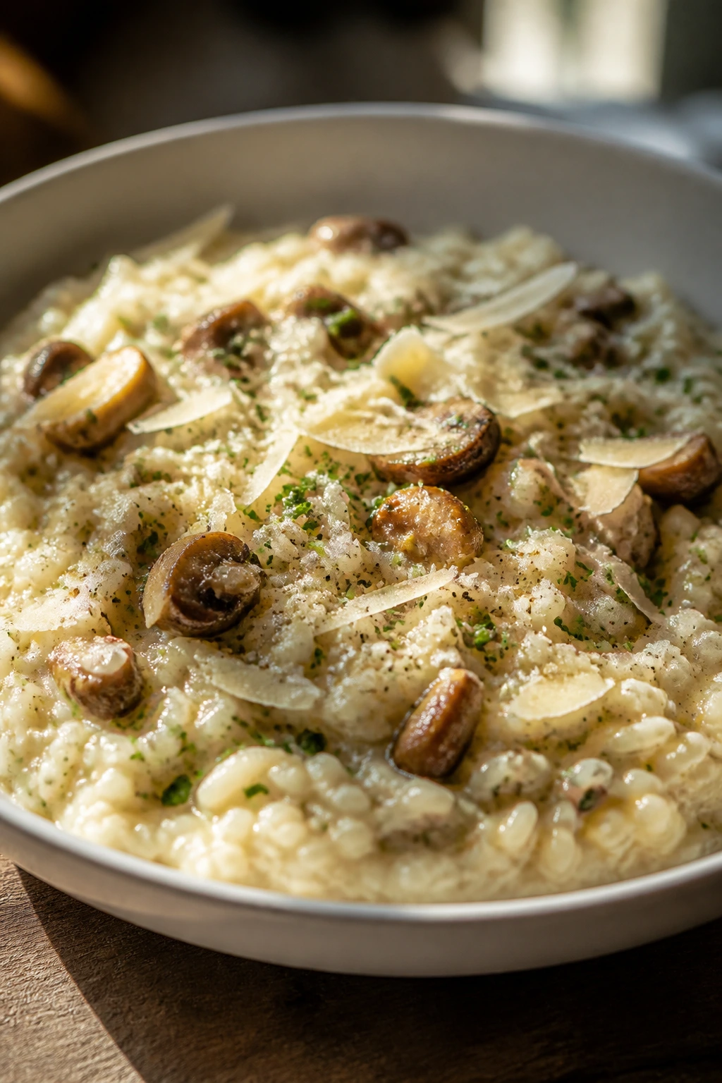 Close-up of a creamy risotto serving on a rustic dining table