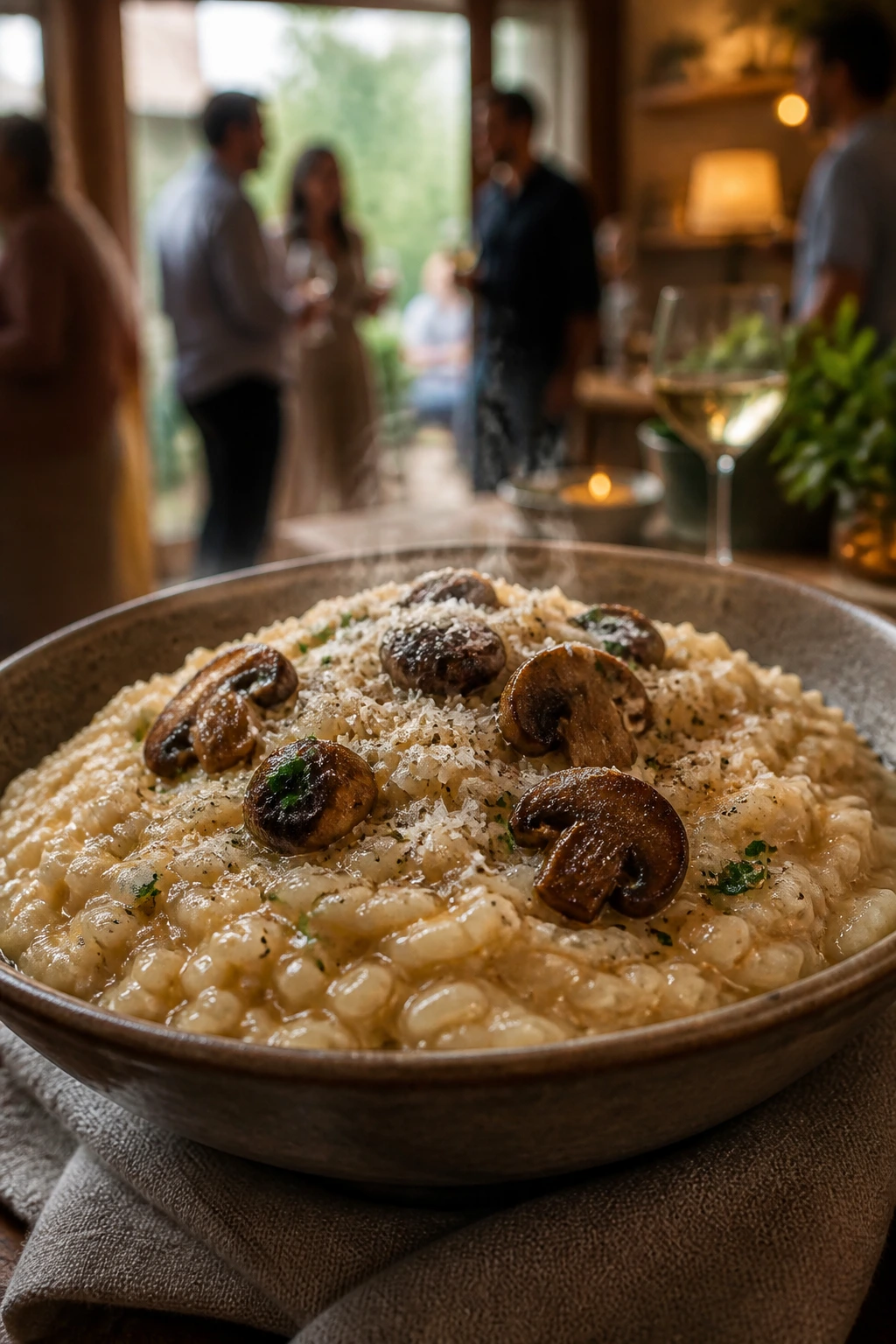 Close-up of risotto bowl steaming in a cozy hosting setting