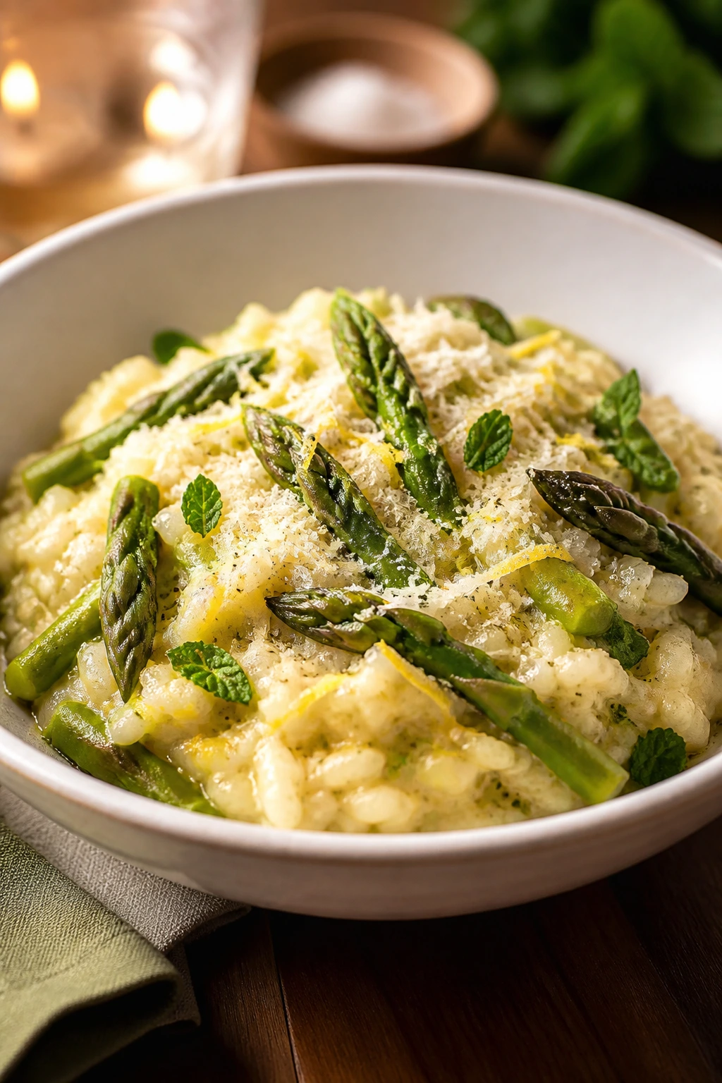 Close-up of a creamy lemon-asparagus risotto in a bowl filling the frame in a warm dining setting