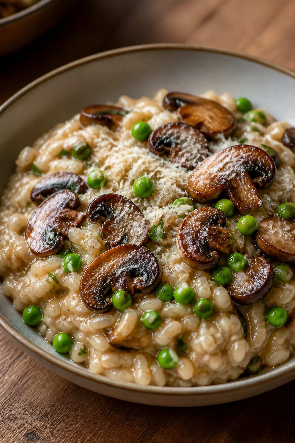 Close-up creamy mushroom pea risotto in a bowl