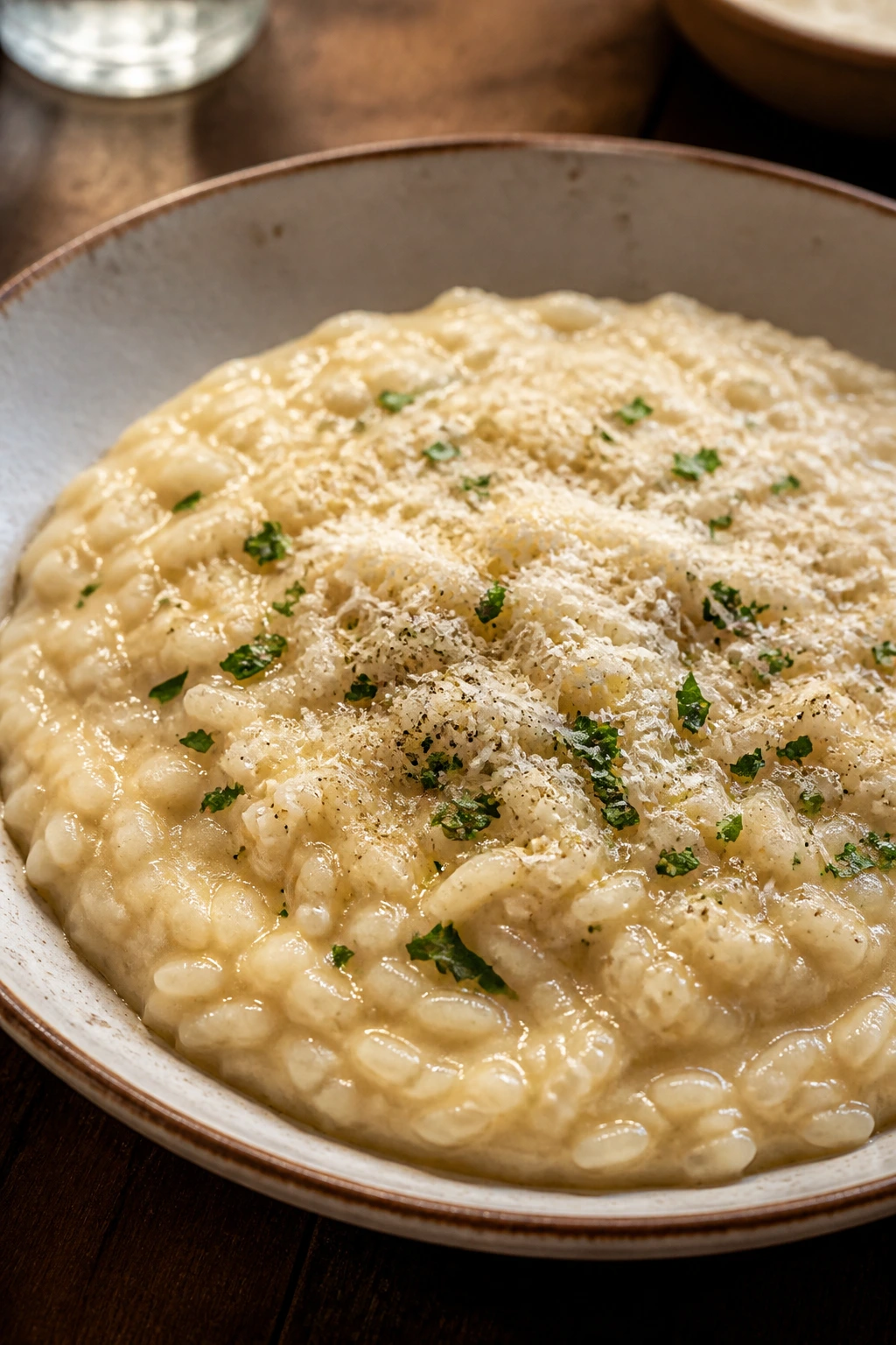 Creamy risotto with parmesan and parsley in a rustic setting
