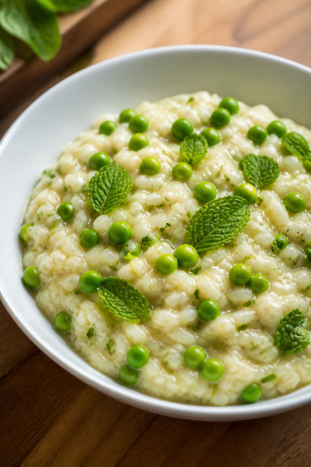 Creamy pea and mint risotto with peas and mint in a bowl