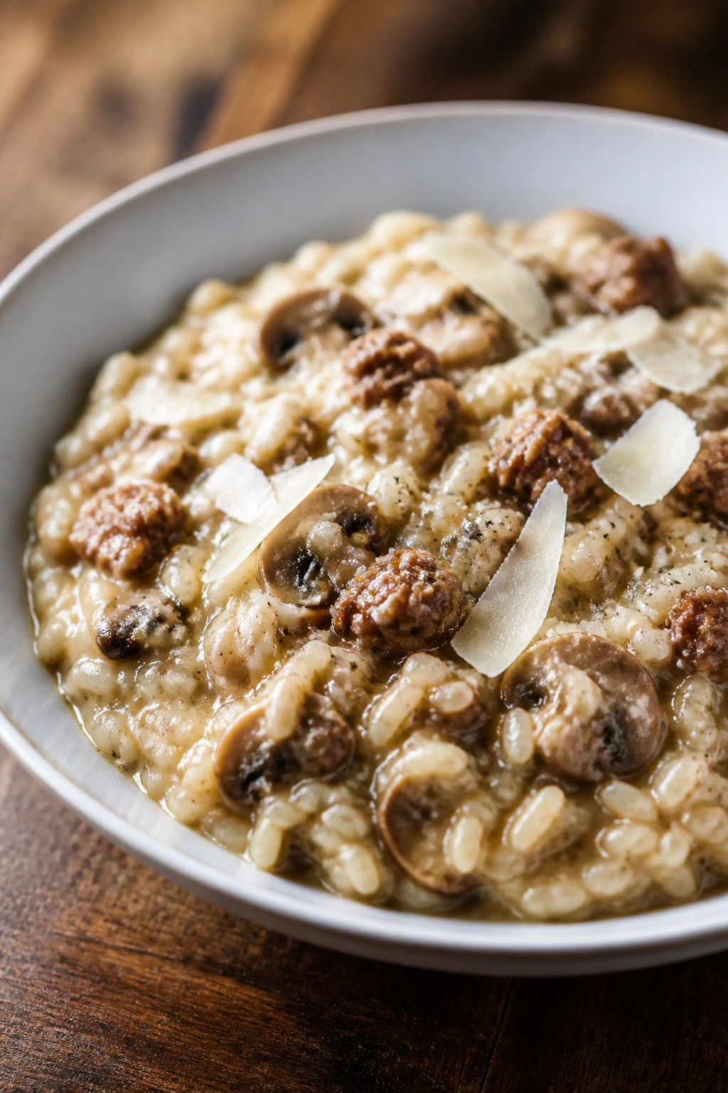 Creamy sausage mushroom risotto in bowl