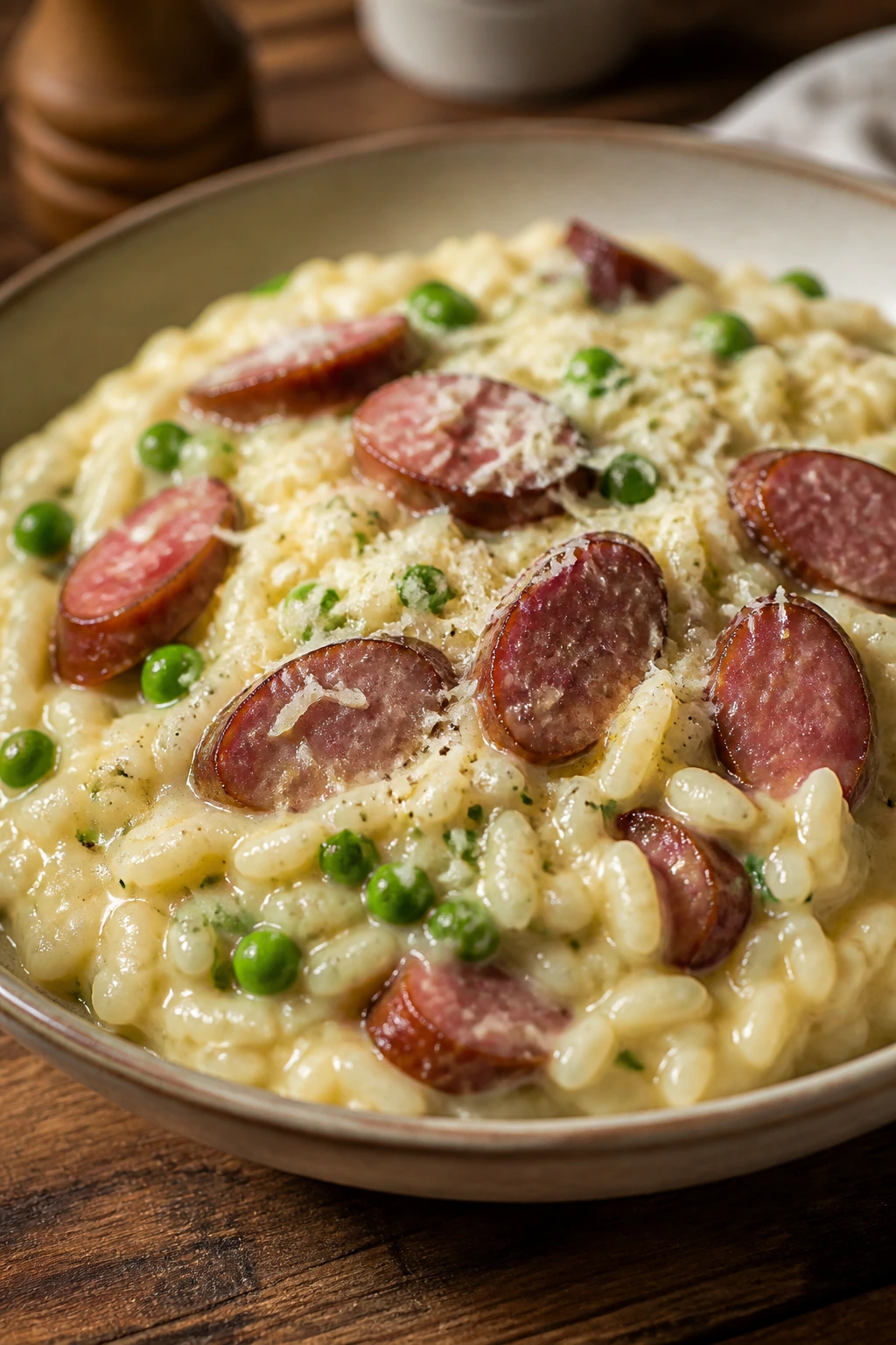 Creamy pea and parmesan risotto with smoked sausage in a rustic bowl