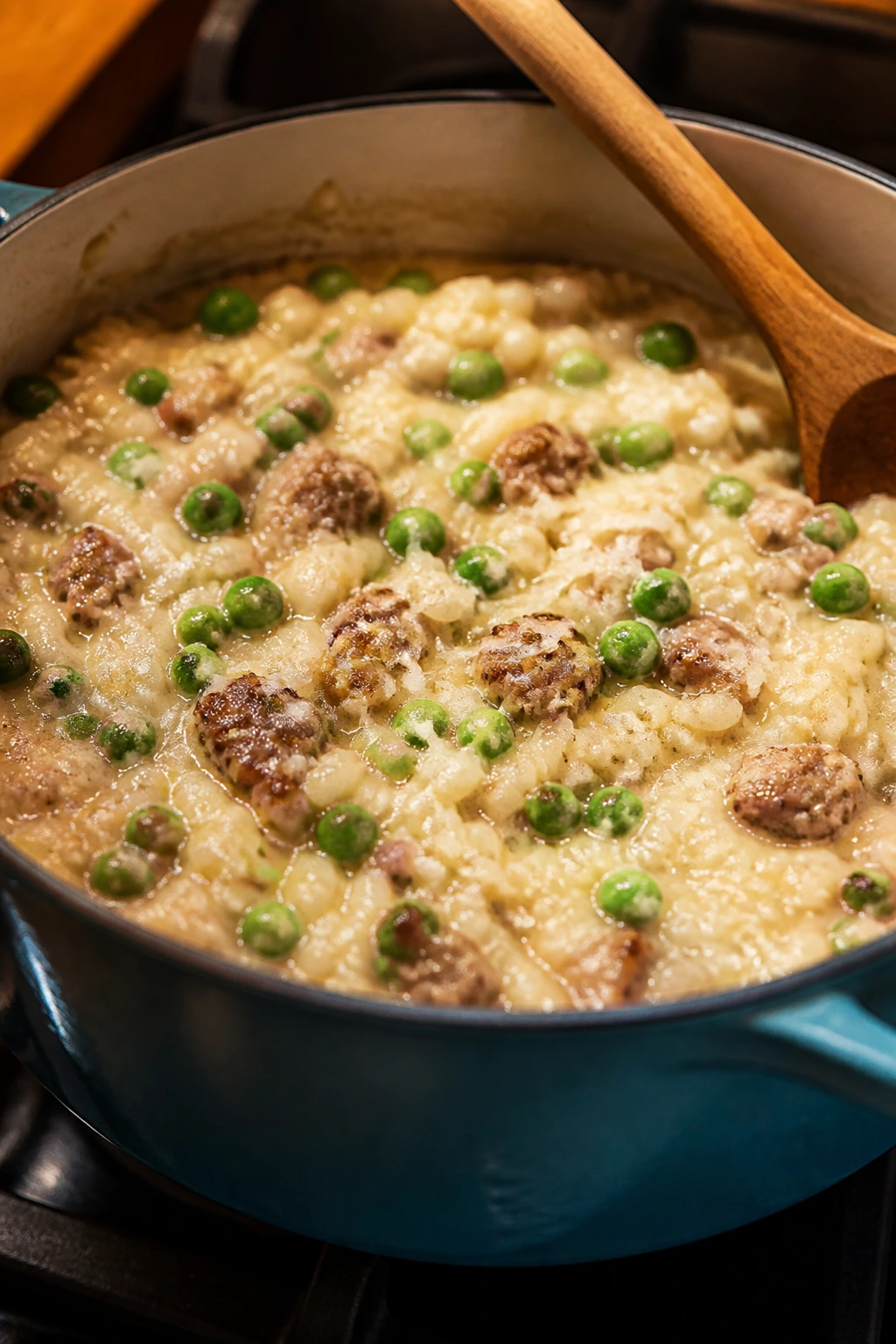 Creamy sausage and pea risotto with parmesan in a Dutch oven on a stove