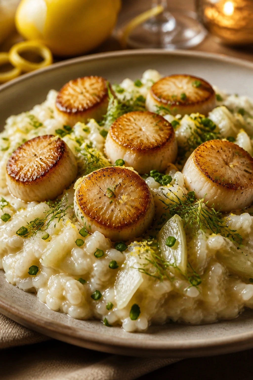 Close-up of fennel risotto with seared scallops and chives on a plate